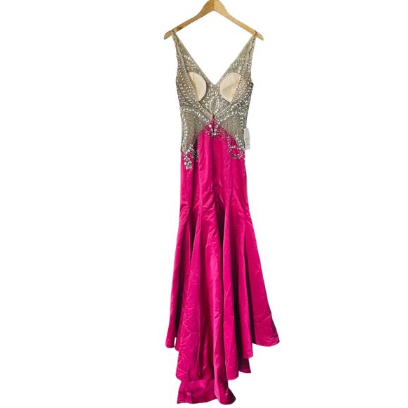 Fashionable Avant Pink Beaded Plunge Back Hi Low Mermaid Dress Size S Small NWT - Picture 3 of 8